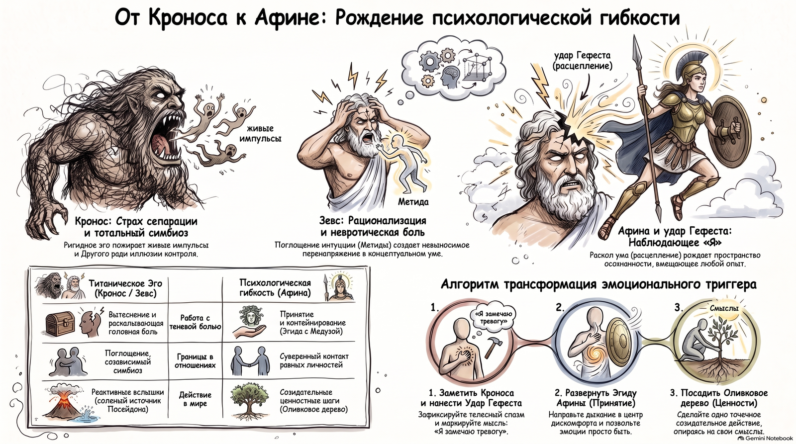 Инфографика: От Кроноса к Афине — Рождение психологической гибкости, преодоление титанического контроля и 3 шага трансформации триггера
